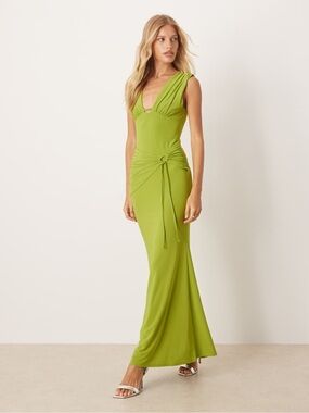 ASOS DESIGN ruched bust maxi dress with plunge neck & drape detail
